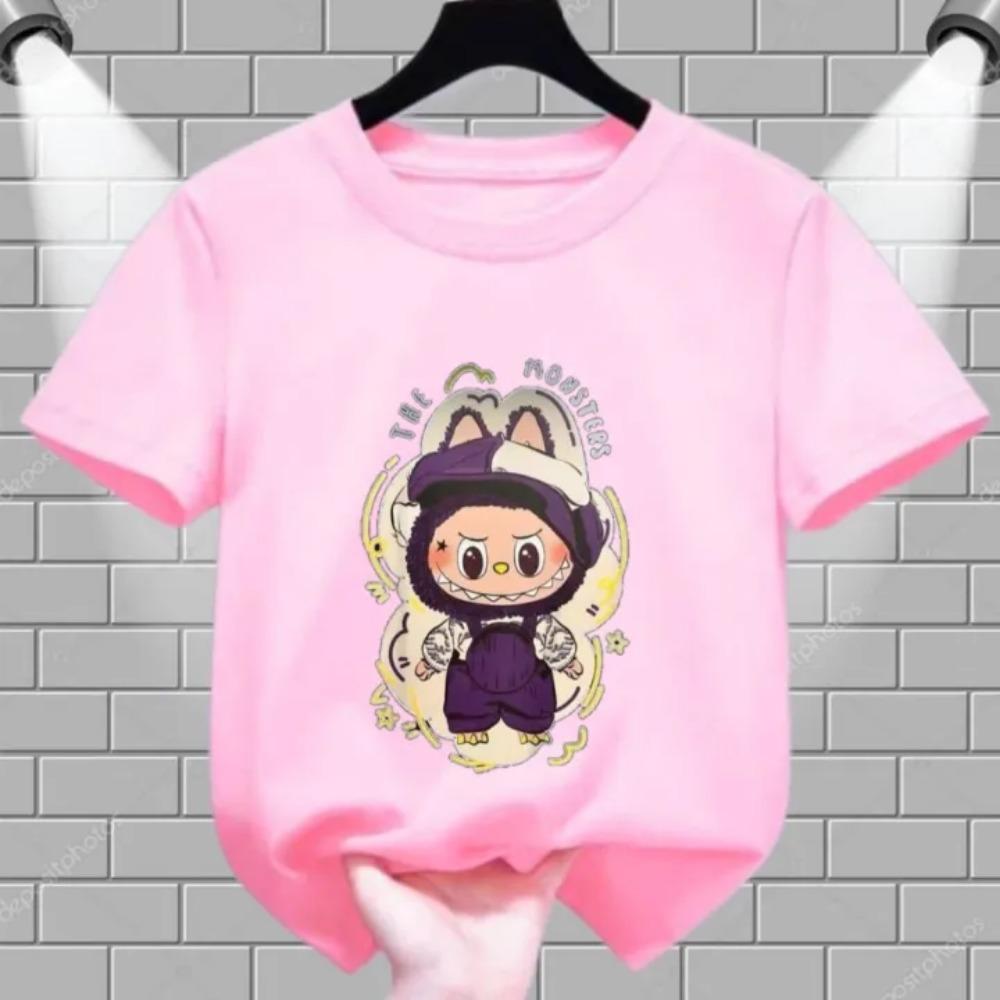 Summer Children's T-shirt Cartoon Labubu Artist Print Girl Round Neck Short Sleeved Casual Multi Color Children's Top