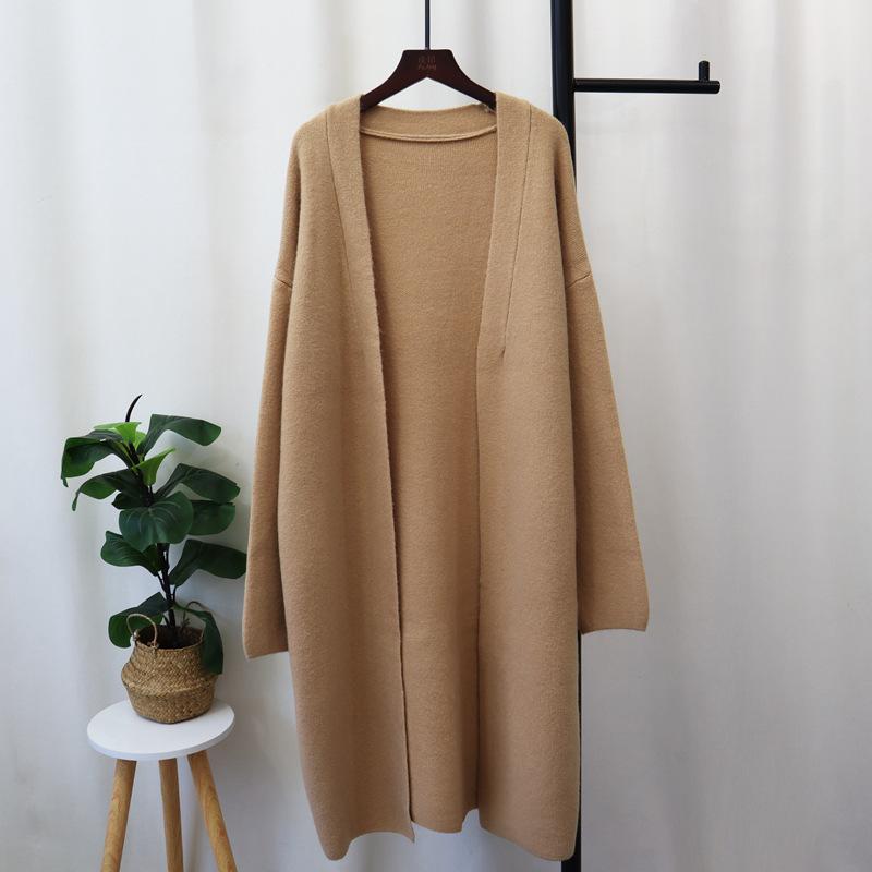 Long over-knee knitted cardigan autumn and winter new loose lazy style solid color temperament sweater jacket women