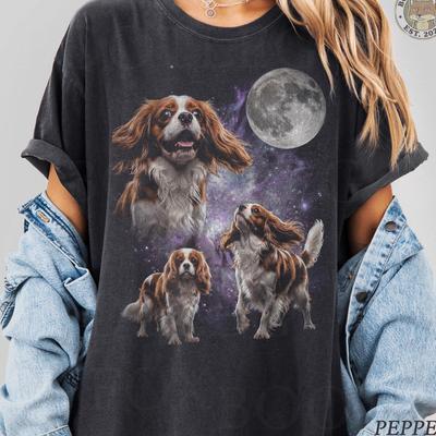 Cavalier King Charles Spaniel Moon 90s Washed Comfort Colors® Graphic T-Shirt, Retro Galaxy Dog Tee, Dog Mom Spaniel Owner Lover Gift
