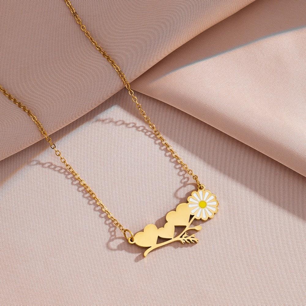 Gold Silver Heart Daisy Pendant Necklace Heart to Heart Stainless Steel Love Inspired Choker Jewelry Vintage