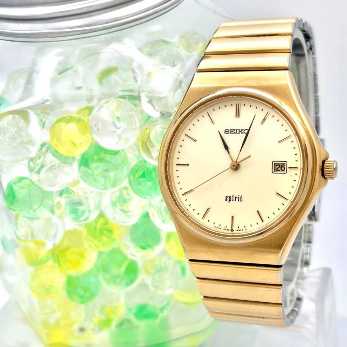 Used [New battery] SEIKO spirit men s watch gold date 5P32-6B30 731529 genuine belt