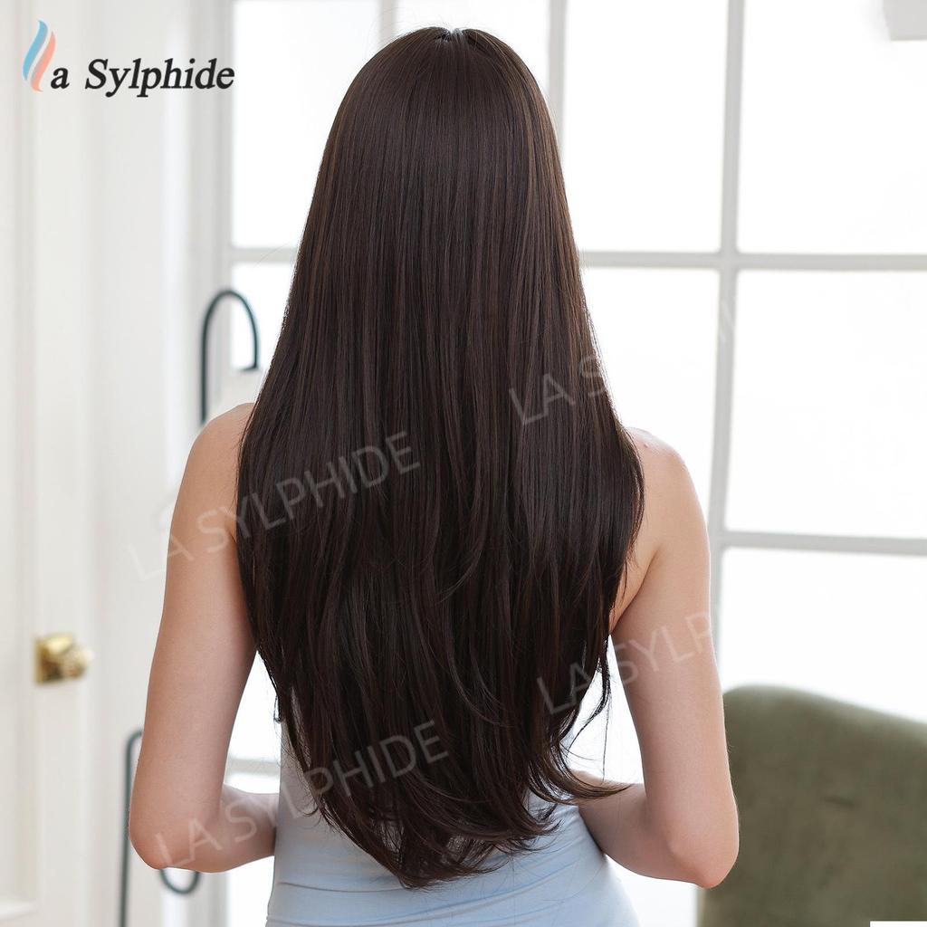 Women's Cross-Border Wigs: Long Straight Hair with Bangs, High-Temp Synthetic, Full Coverage, Available in Black, Red-Brown, Orange, and Pink.