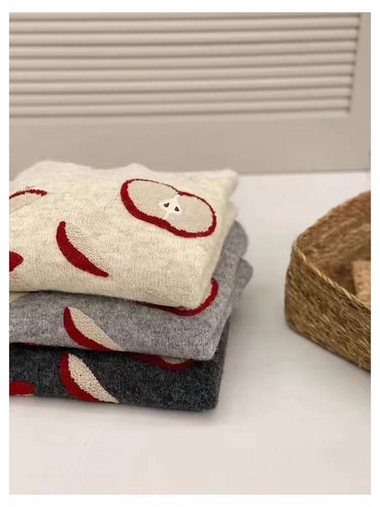 Apfelstrick-Cardigan im koreanischen Stil - Rundhalsausschnitt, lange Ärmel, weicher Pullover für Herbst/Winter