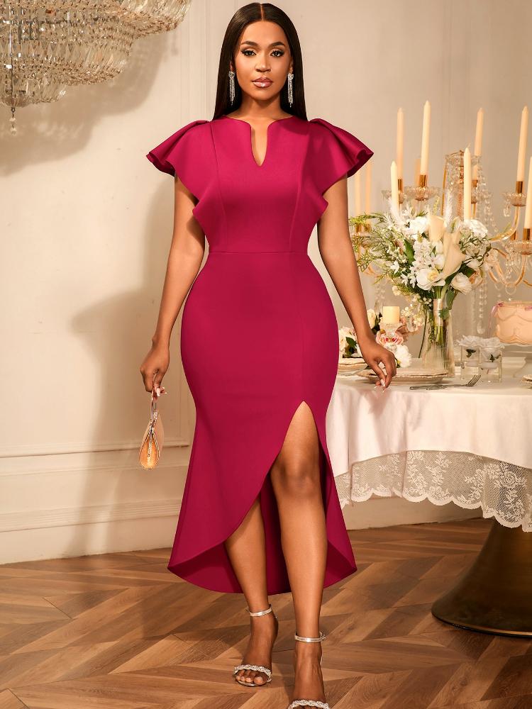 

Сексуальные красные платья с нерегулярным V-образным вырезом для вечерней вечеринки 2025 Лето Новое платье с оборками и короткими рукавами-бабочками для женщин S красный