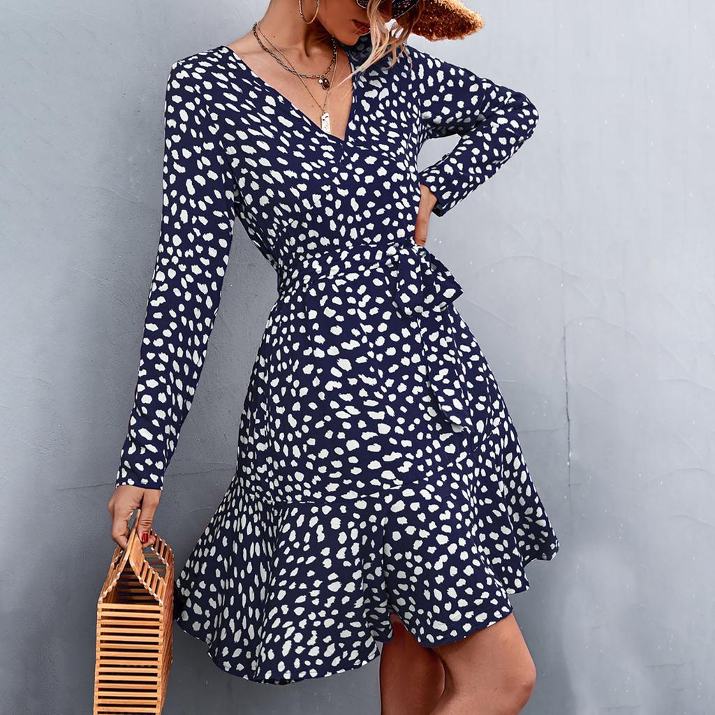 Women's Boho Polka Dot Print V-Neck Long Sleeve Dress