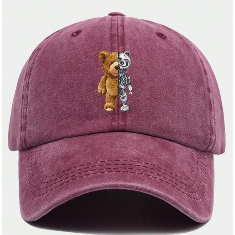 Cappellino da baseball vintage lavato con simpatico motivo di orsacchiotto, adatto sia per Unisex che per Donne, traspirante e regolabile.