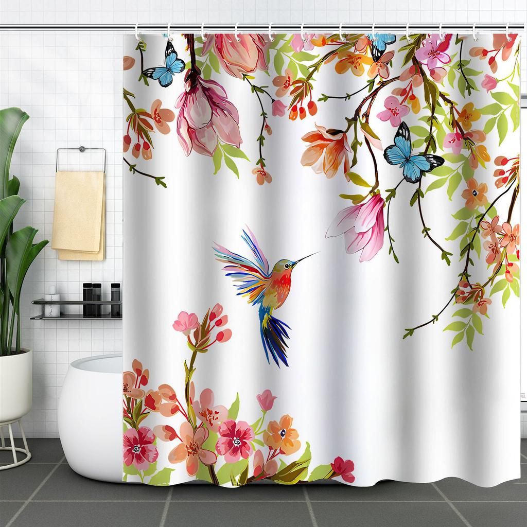 Bathroom Waterproof Curtain Digital Printing Tree Branches Bird Shower Curtain Free Punching Toilet Partition Curtain Shower Cloth