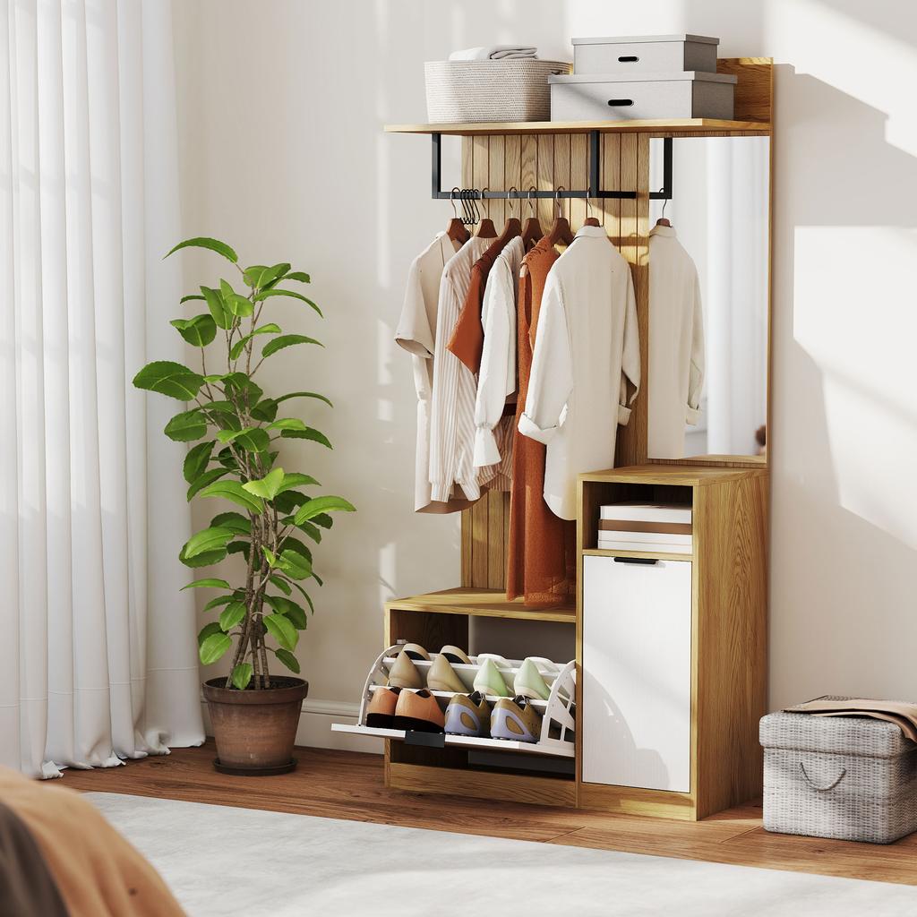 6-in-1 Entryway Furniture, Hallway Coat Rack with Foldable Shoe Bench, Mirror, 80x36x168cm, Oak