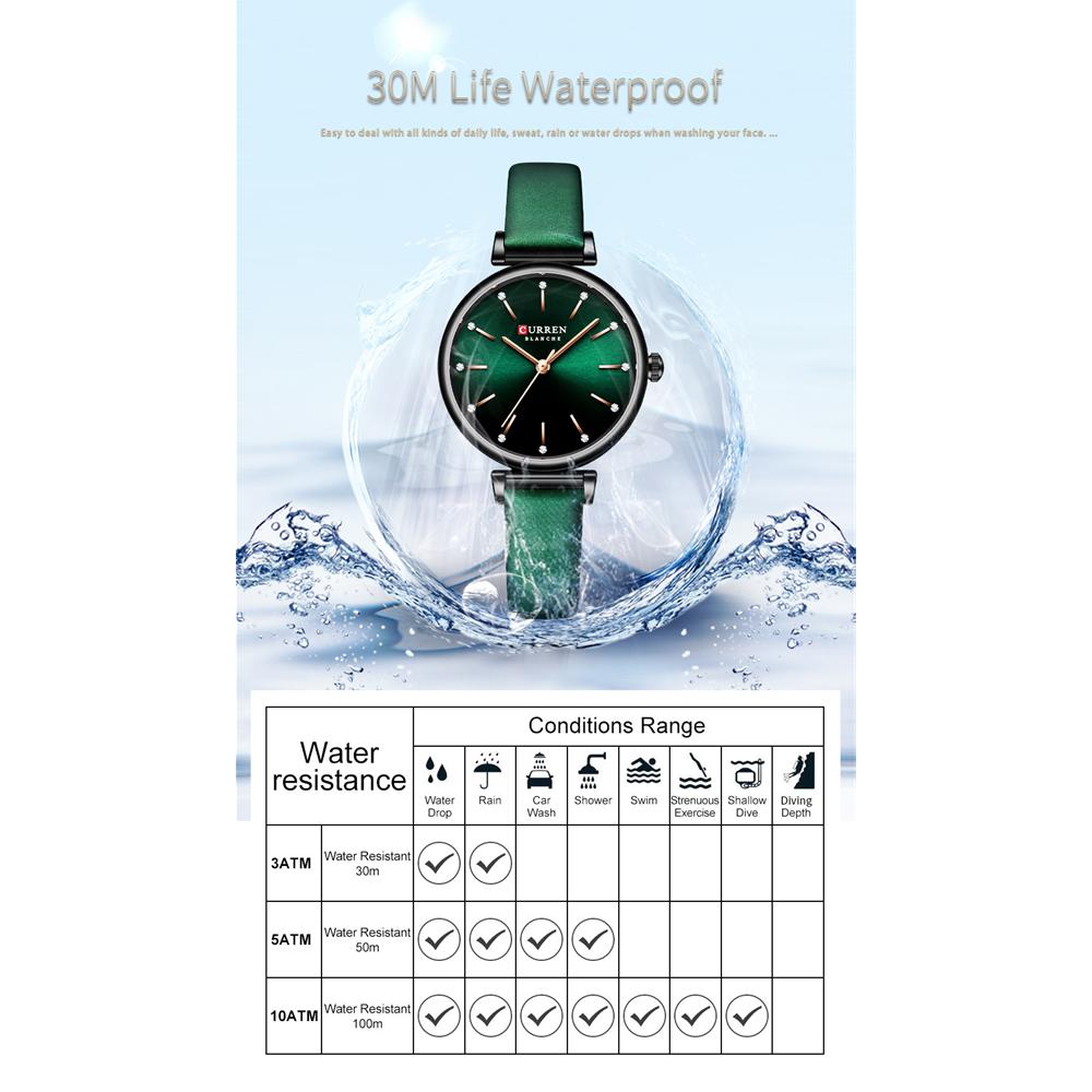 CURREN Dámské hodinky Nové TOP značkové luxusní Quartz náramkové hodinky s koženým ciferníkem s lesklými kamínky Zelené hodiny Dámské