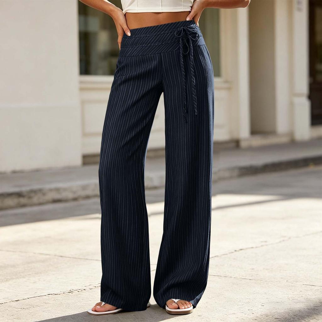 Women Wide Leg Pants High Waist Casual Trousers with Tie Waist Loose Fit Comfortable Lounge Wear Striped Pattern Elastic Waistband