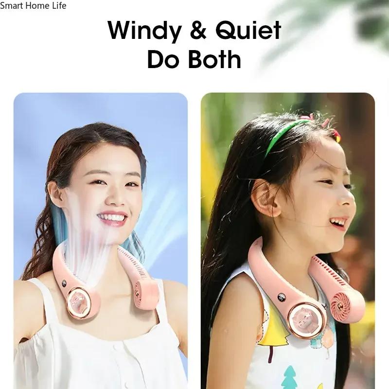 Bladeless Neck Fan USB Rechargeable 2000mAh Digital Display Mini Cute Cat for Travel Office Outdoor