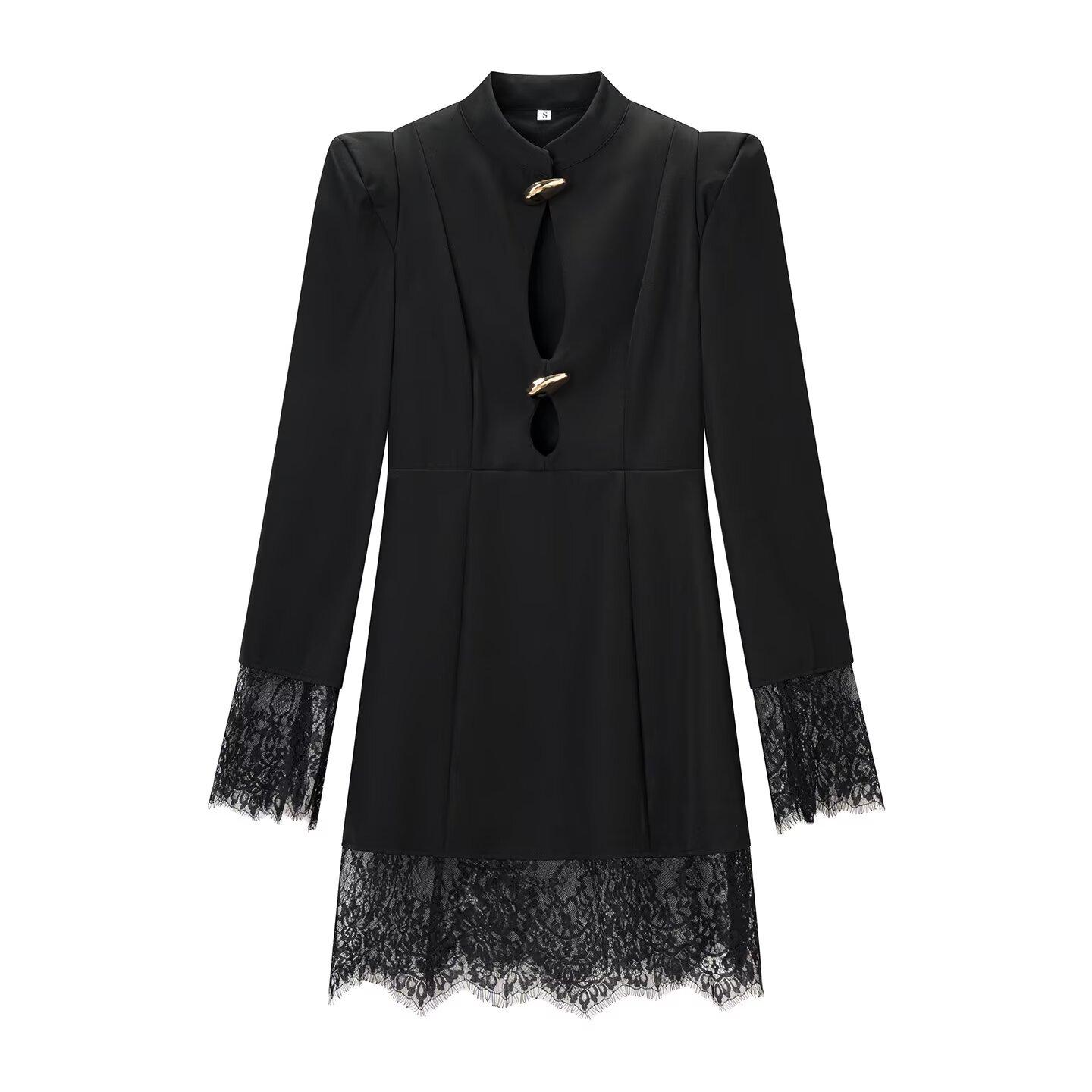 European and American style, new women s clothing, foreign style, fashionable, casual hollow long-sleeved lace splicing skirt S