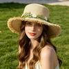 Sun Hat Wide Brim Floppy Edges Breathable Woven Straw Hat with Chrysanthemum Garland Lightweight Summer Beach Travel Hat