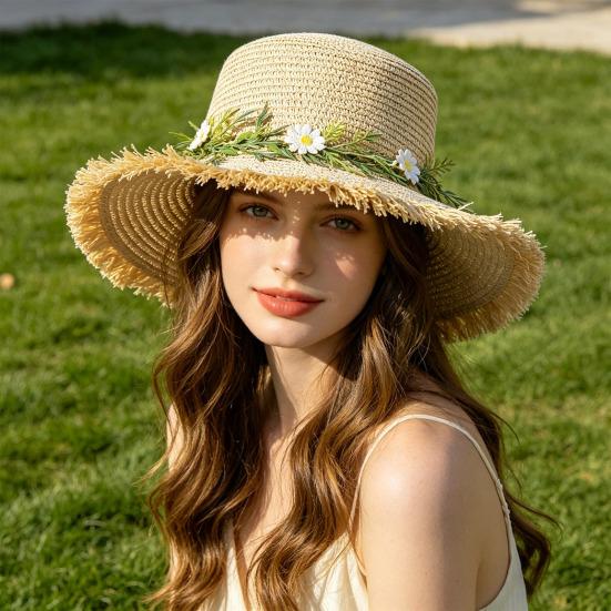 Sun Hat Wide Brim Floppy Edges Breathable Woven Straw Hat with Chrysanthemum Garland Lightweight Summer Beach Travel Hat