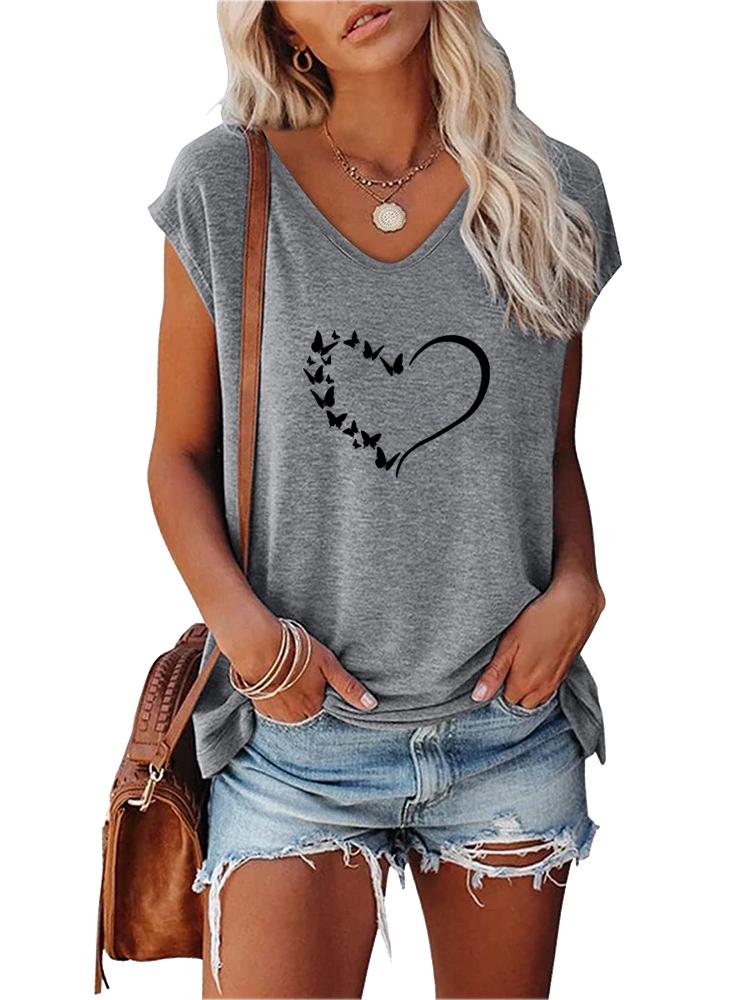 Women Fashion V Neck Printed T-shirt Summer Casual Short Sleeve Top