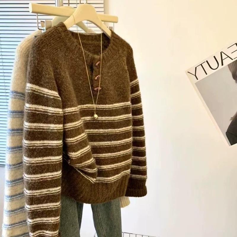 Striped Casual Horn Buckle Pullover Sweater Women's Autumn and Winter New Loose Lazy Wind Knitted Sweater Top