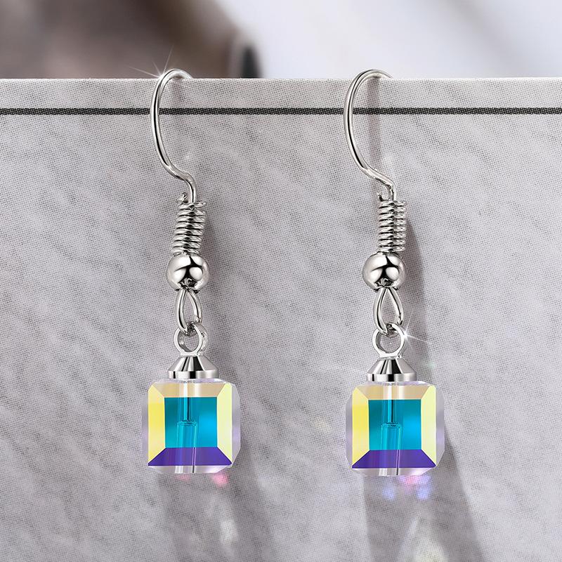 Iridescent AB Aurora Borealis Square Faceted Crystal Charm Drop Earrings Silver Wire Hook Dainty Casual Ladies Accessories