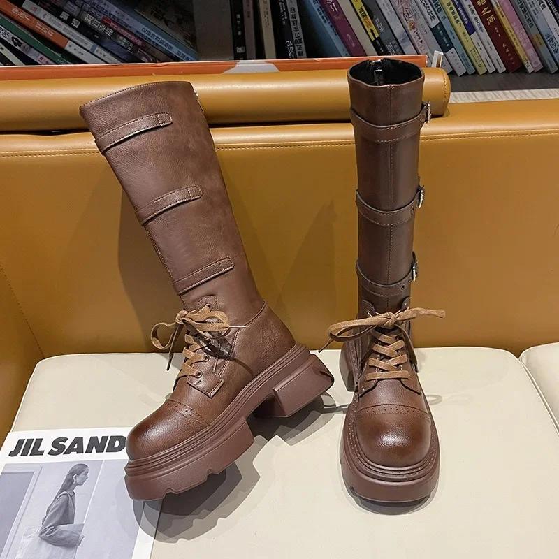 Fashion Fashion Punk Metal Buckle Platform Leather Knight Boots Shoes for Women Designer Soft-soled Autumn Witner Women Knee-high Boots