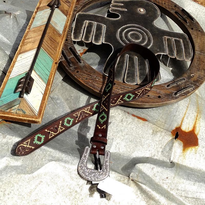 Leather Belt Navajo Totem Oil Paint Relief Shiny Niche Rhinestone Inlaid Removable Button Head