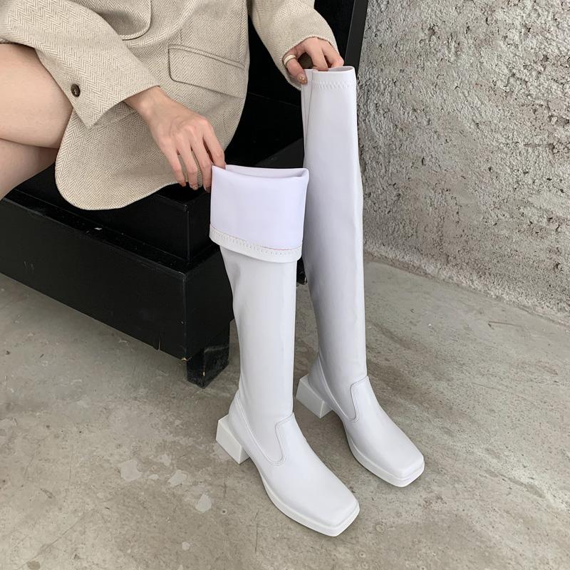fashion Square Toe Women Over The Knee Stretch Boots Black White Thick Mid Heels Autumn Spring Sock Boots Elastic Botas Slip On Botas