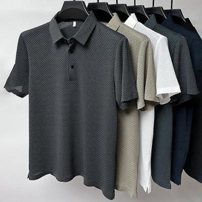Neues High-End-Stoffmode-lässiges Mesh-Eis-Seide-Kurzarm-Revers-T-Shirt für Herren im Sommer, einfarbig, bequemes Strick-Poloshirt
