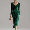 2025 Women's Casual Golden Velvet Slim Fit Long Sleeve Pleated Split Dress