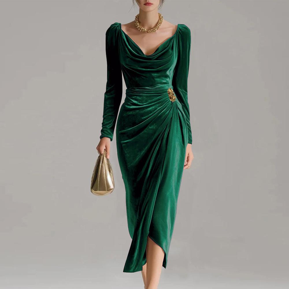 2025 Women's Casual Golden Velvet Slim Fit Long Sleeve Pleated Split Dress