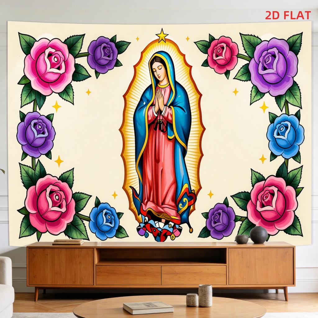 2D Flat - 2D Flat - A Tapestry Featuring a Large Or Small Design of The Surrounded by Roses, Dressed in Red with a Blue Mantle And Halo, Perfect for D
