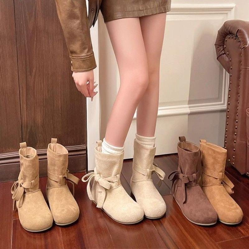 Retro Fashion Versatile Short Tube Thin Boots Autumn Round Head Bow Soft Sole Comfortable Lace-up Martin Boots Women