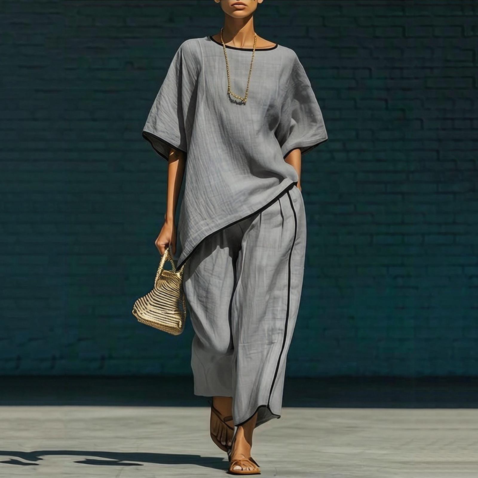 Women s Fashionable Casual Cotton-Linen Top And Wide-Leg Pants Two-Piece Set L
