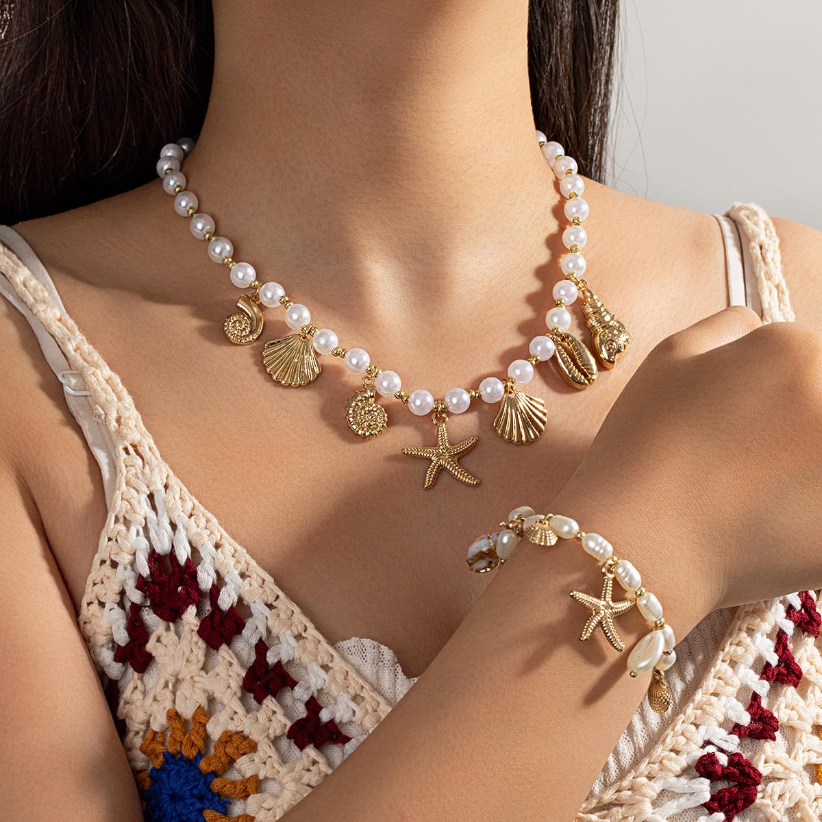 women‘sOcean-inspired Pearl, Shell & Starfish Necklace and Bracelet Set, Niche Vacation Style Clavicle Chain