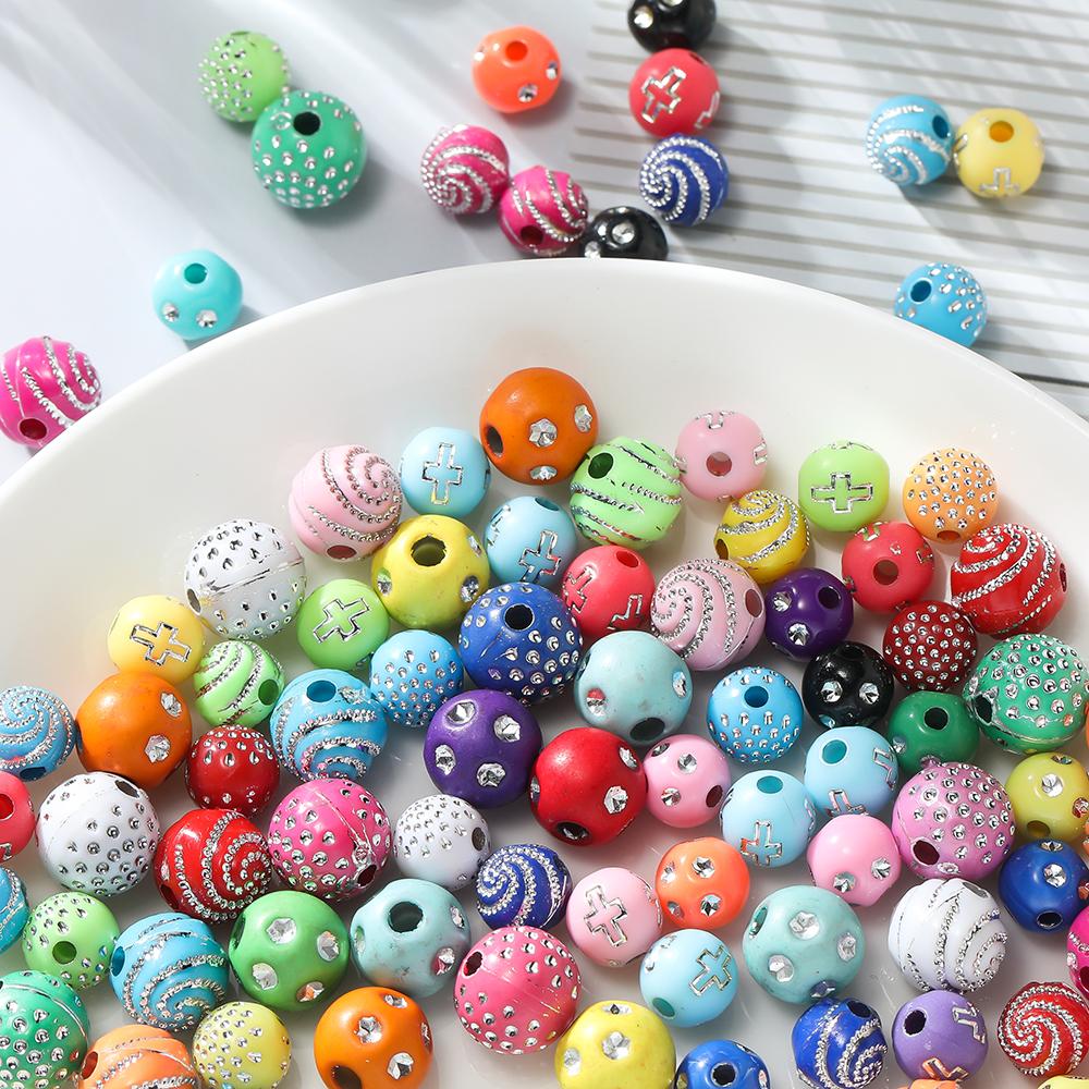50/100Pcs 8/10mm Round mixed Colorful Acrylic Beads With Crystal Rhinestone Spacer Loose Bead for DIY Jewelry Making Accessorie