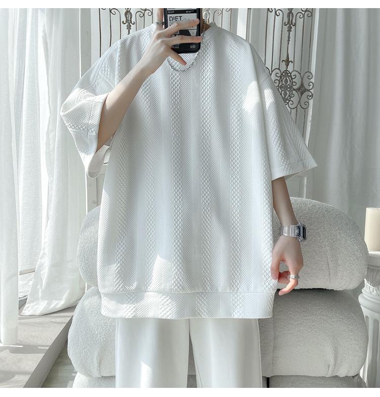 Men's Plus Size Summer Waffle Jacquard Loose Half Sleeve T-Shirt, Round Neck Pullover