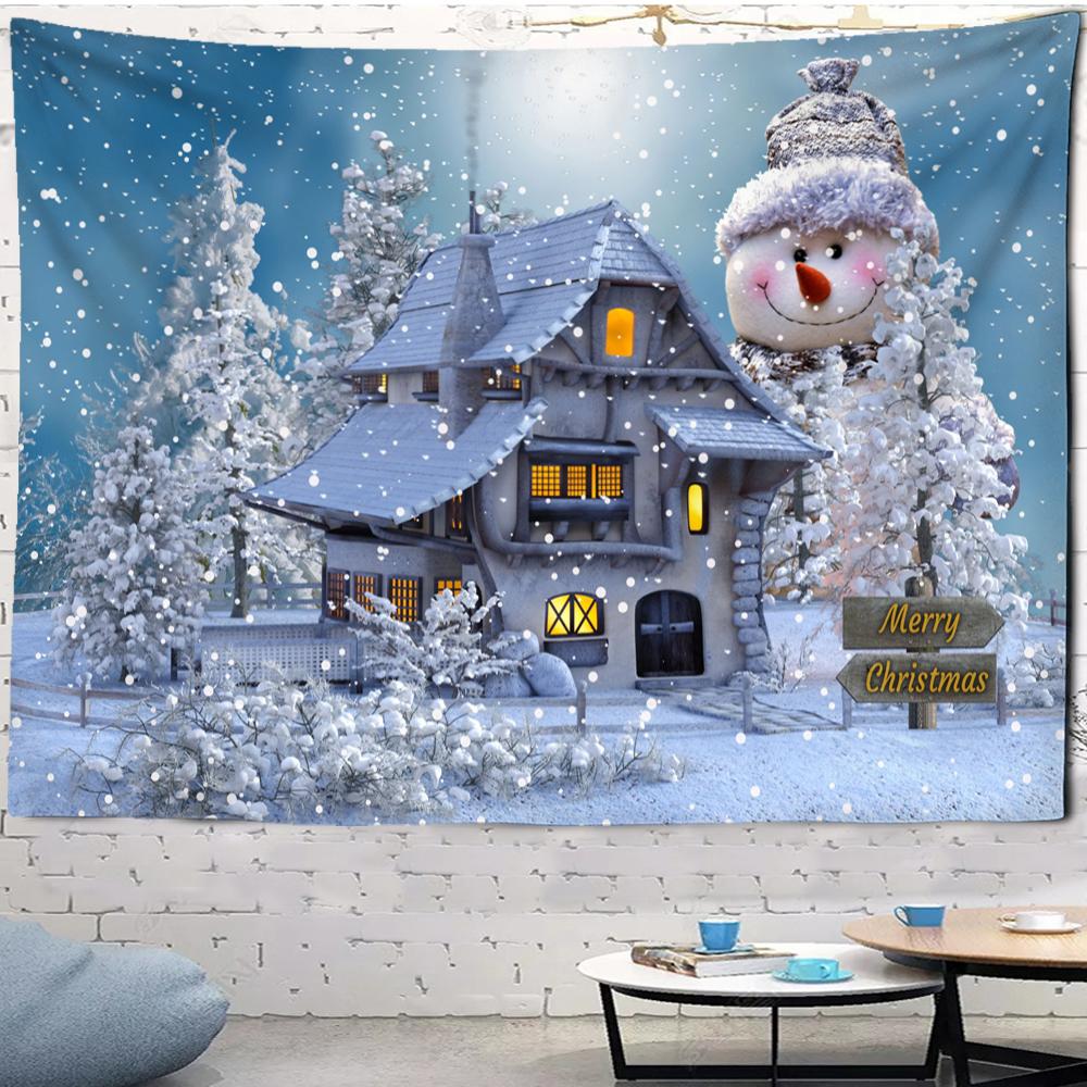 Christmas Little Snowman Tapestry Kawaii Wall Hanging Cute Scenery Anime Illustration Bedroom Living Room