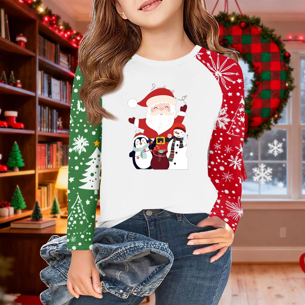 Girls Long Sleeve Christmas Day T Shirts Kids Fall Tops Crewneck Basic Tees 5-14Y