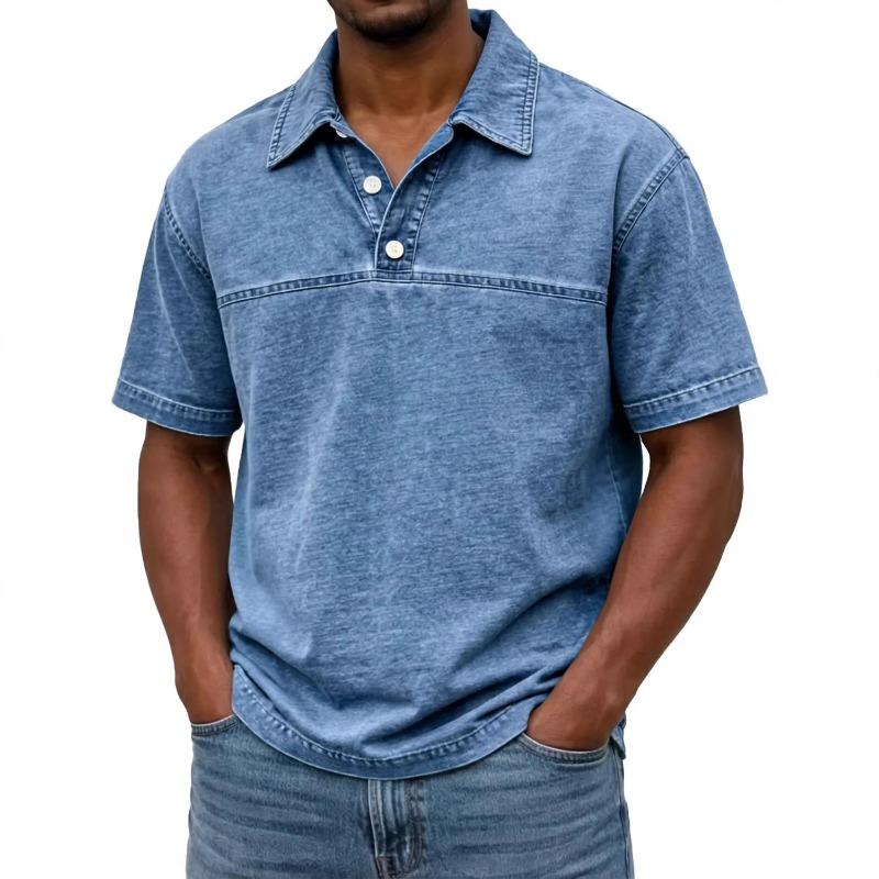 

Mens Tan Washed Polo Shirt Turn-down Collar Casual Loose Fit Short Sleeve Pullover S синий