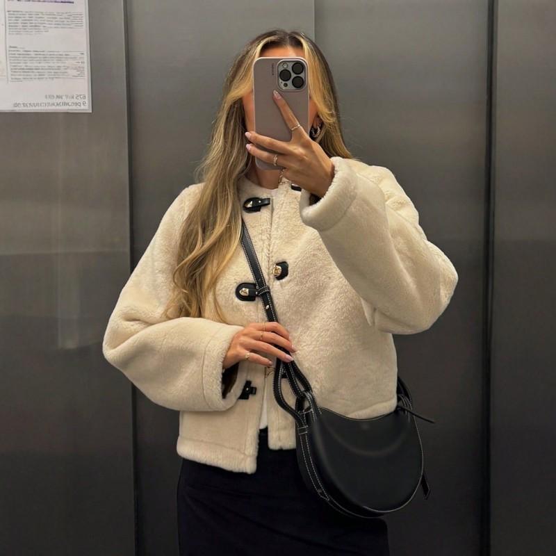 Womens Faux Shearling Double-Breasted Coat Winter Warm Long Outerwear Casual Style