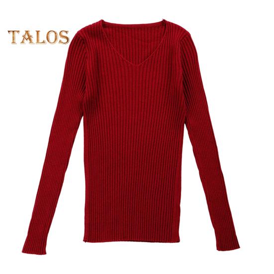Moteriški viršūnės V formos iškirpte ilgomis rankovėmis Slim Fit megztinis megztinis Vienspalvis megztinis su rumbuota apačia Elastingas trikotažas