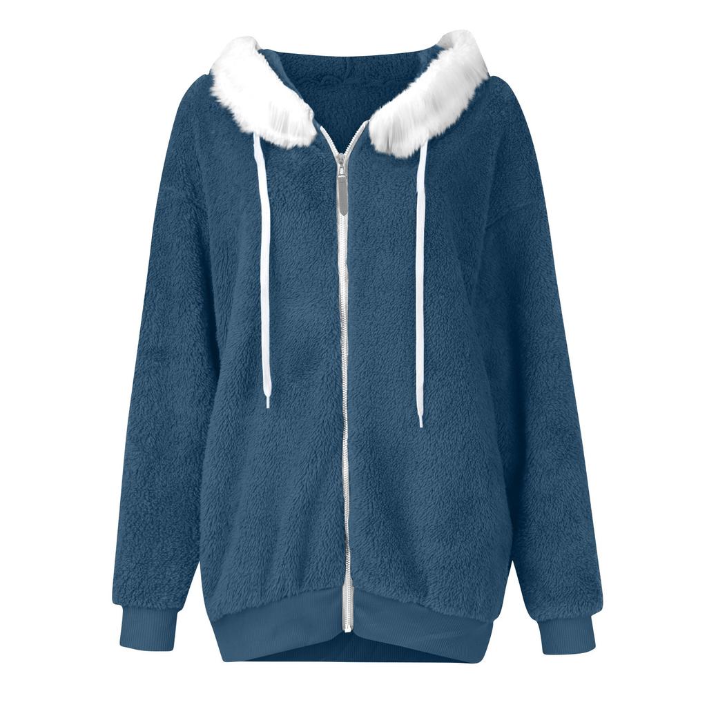 Women's Fashionable Plush Zipper Pocket Hooded Long Sleeved Loose Warm Jacket