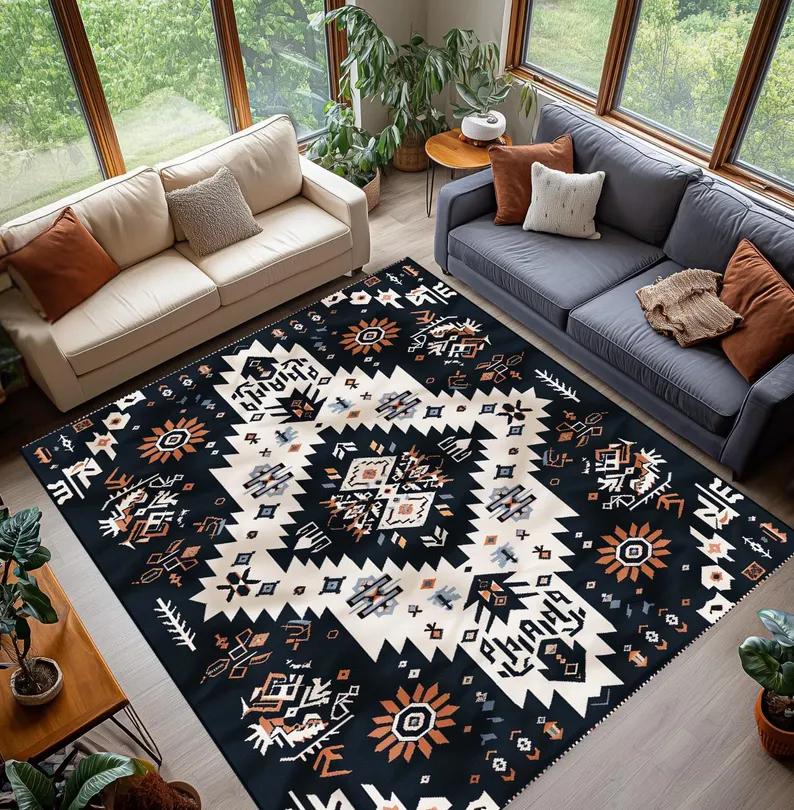 

American Native Indian Pattern Carpet Mat Rug Home Decor Vintage Ethnic Style Floor Area Rug Living Room Bedroom Dark Geometric 40X60cm