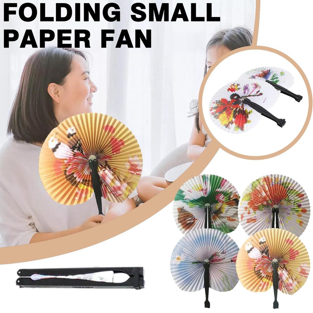Foldable Paper Fan Retro Windmill Small Round Paper Color Decor Paper Fan Style Party Hand Gift 1pc Random Fan Printed