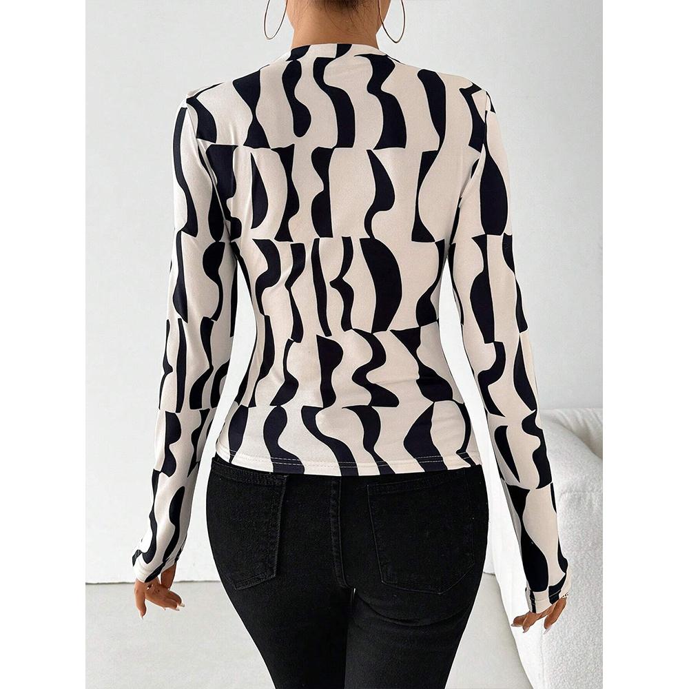 Women's Long Sleeve Shirts Geo Print Ruched Tees Mock Neck Elegant T-Shirt Tops