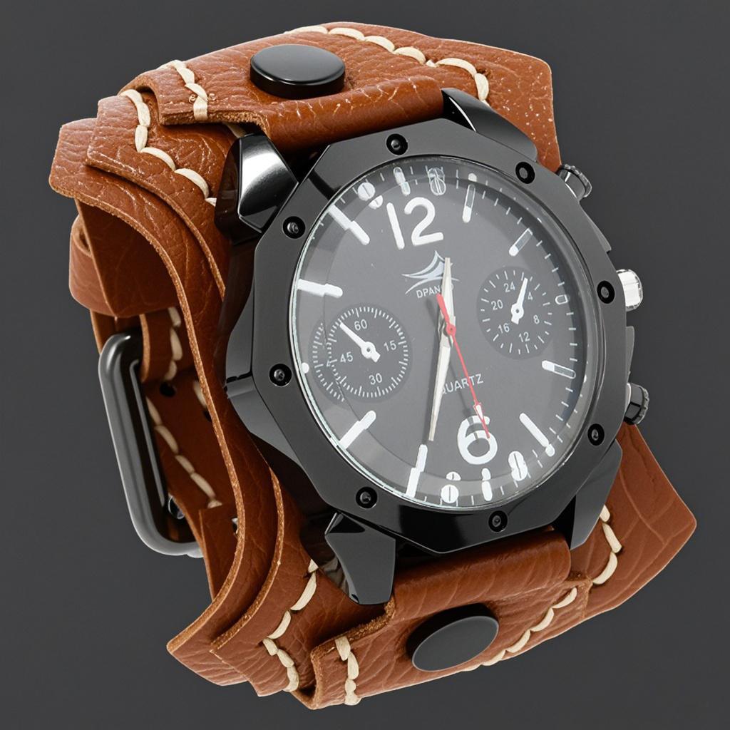 Men'S Punk Rock Style Large Dial Quartz Watch Vintage Multi Layer Hand Stitched Cowhide Strap