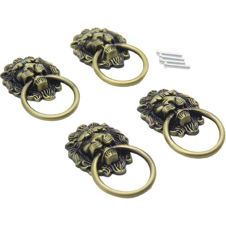 4 Pcs Vintage Lion Head Knobs Pulls Handles Antique Drawer Pull Ring Single Hole Decorative Hardware with Screws for Furniture Cabinet Cupboard Hand