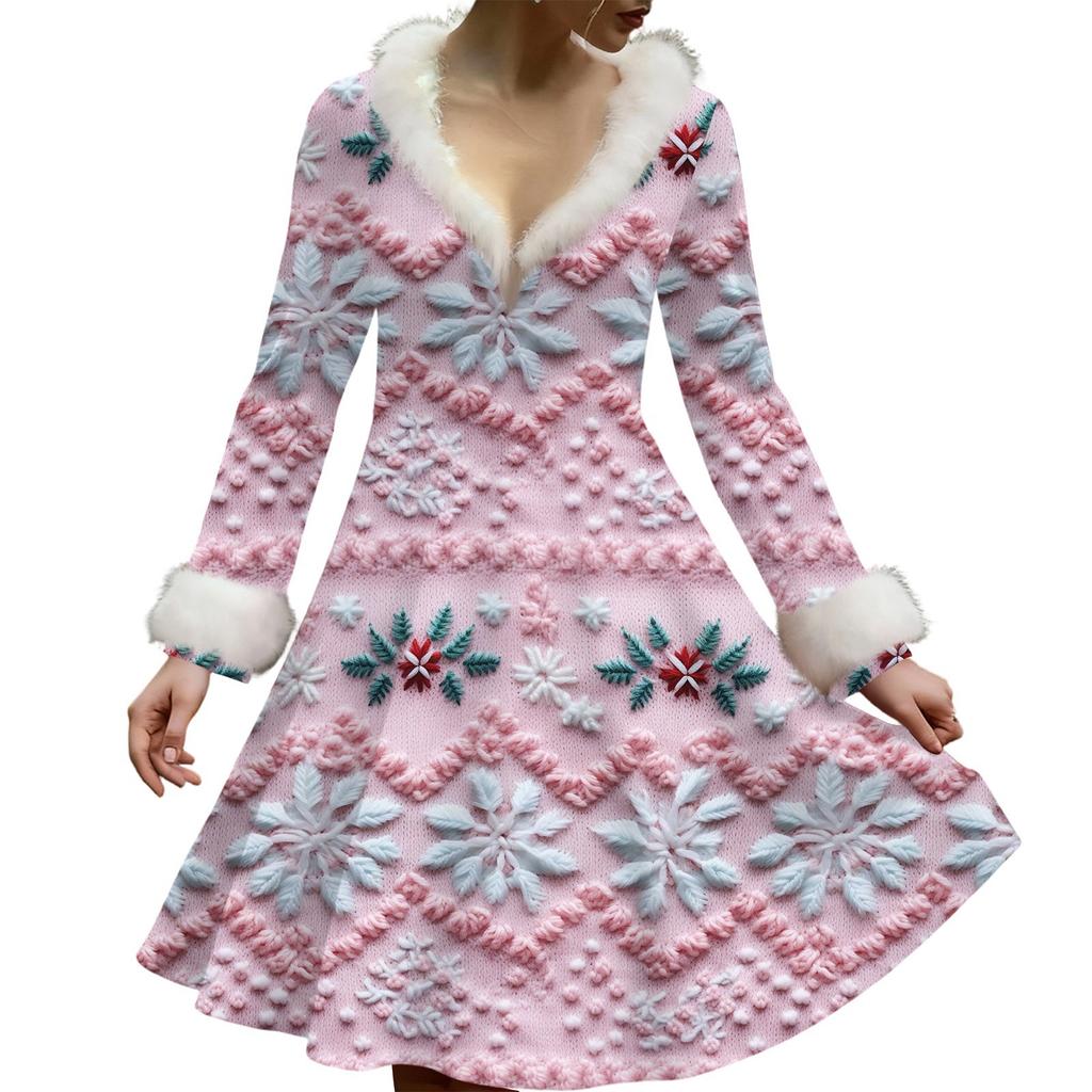 Women's Casual V-neck Christmas Print Plush Long-Sleeve Casual Dress
