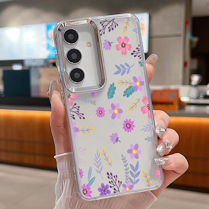 Cartoon Flowers Pattern Case For Samsung S26 S25 Ultra S24 FE S23 Plus S22 S21 A15 A16 A17 A35 A36 A37 A54 A55 A56 A57 5G Plating Lens Soft Cover