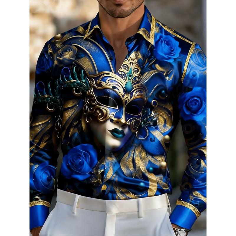Pink Gold Venice Mask Rose Print 3D Flower Men's Long Sleeve Shirt Light Luxury Slimming Casual Shirt