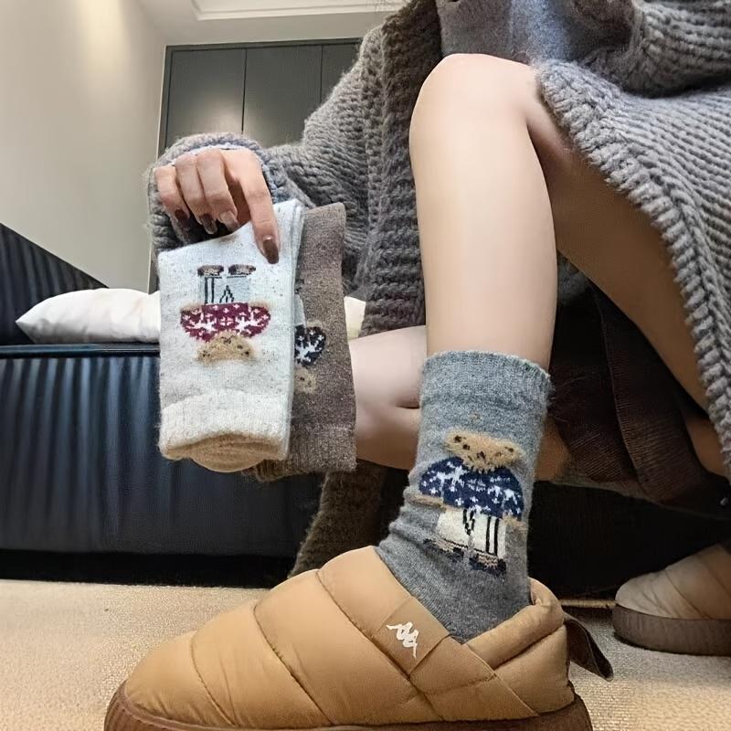 Women's Cute Bear Socks - Winter Thermal Mid-Calf Socks, Fall/Winter Cute Socks