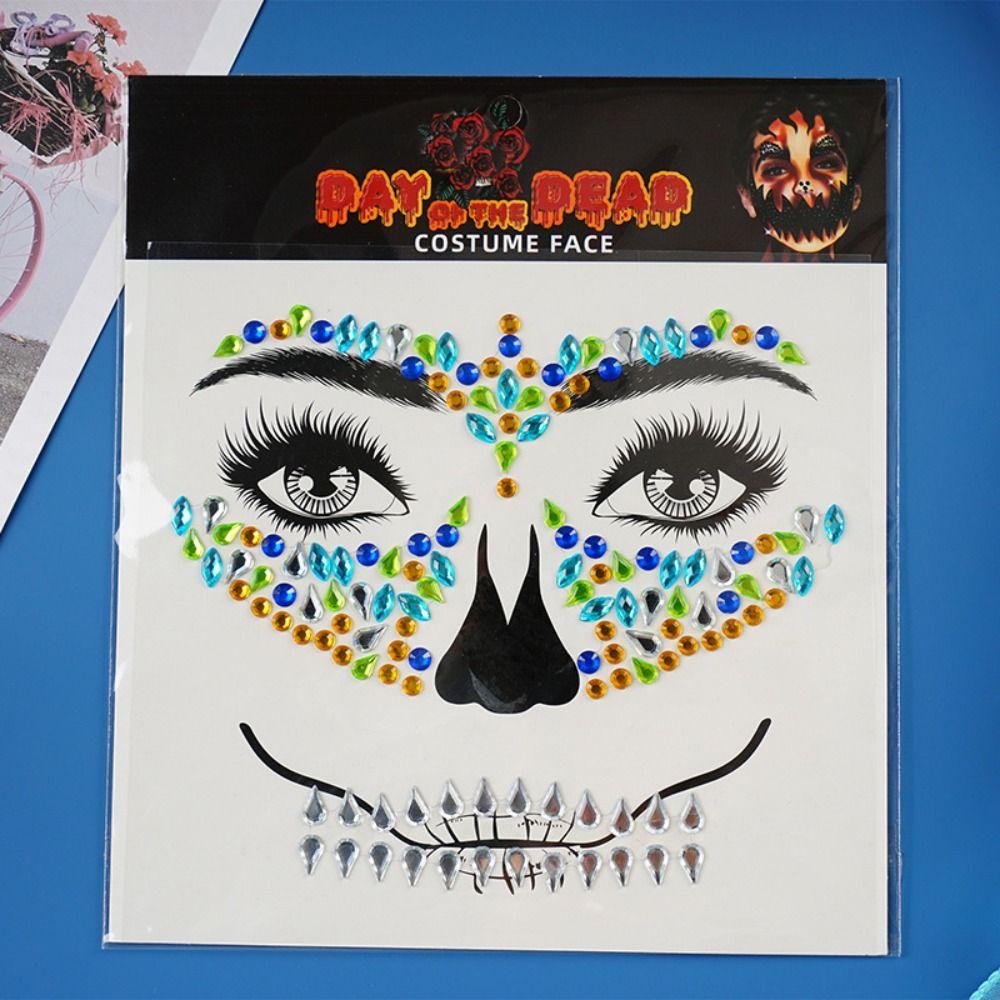 Funny Halloween Fake Tattoo DIY Skull Face Sticker Rhinestone Face Sticker  Day of The Dead