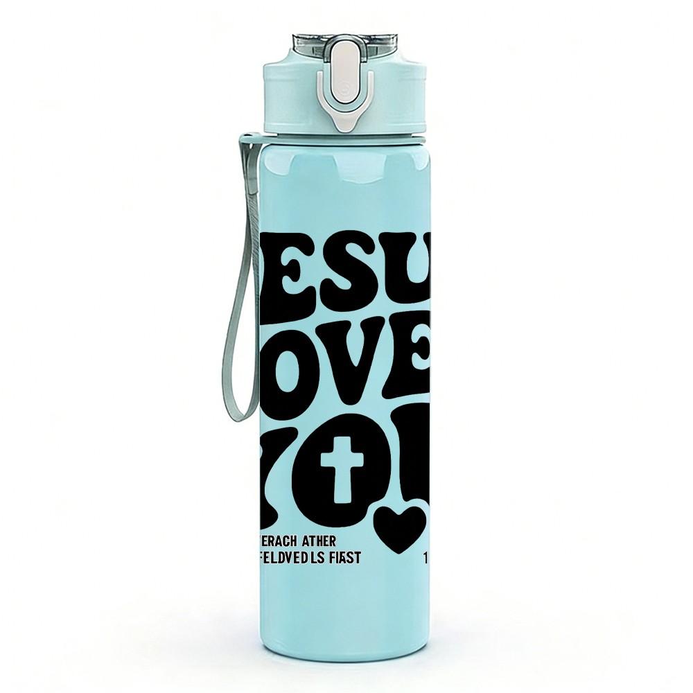 1PC Jesus Loves You Letter Art 750ml Color Plastic Sports Water Bottle Leakproof Flip Straw Lid Suitable for Sports Office Home Use